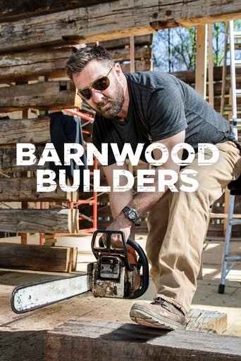 A rugged man in khakis and a t-shirt uses a chainsaw to cut through a rustic wooden structure, embodying the hard work and craftsmanship of barnwood builders. The warm, natural lighting and earthy tones evoke a sense of resilience and dedication to craftsmanship.