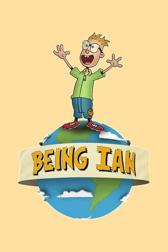 This cartoon poster features a cheerful boy with a wide grin and raised arms standing atop a globe labeled "BEING IAN." The vibrant colors and playful design convey a lighthearted, fun mood, suggesting a friendly and approachable character.