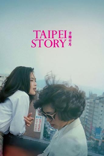 The poster features two women in a contemplative pose against a hazy, dreamy backdrop of Taipei skyline. The pink text "TAIPEI STORY" stands out against the muted tones, evoking a sense of nostalgia and longing.
