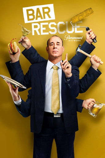 The poster features a man with six arms, each holding various food items like burgers, fries, and drinks against a bright yellow background. The bold text "BAR RESCUE" dominates the top, creating a humorous and chaotic atmosphere. The vibrant colors and exaggerated pose convey a comedic, chaotic ...