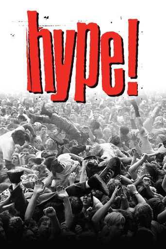 The poster features a chaotic crowd of people in black and white, with red text spelling out "hype!" in bold, eye-catching letters. The mood is energetic and rebellious, capturing the essence of a rave or concert scene.