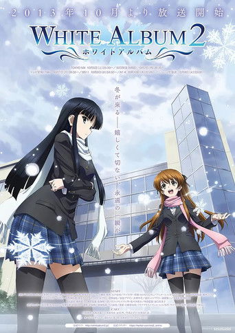 The poster features two anime characters in a snowy urban setting, with one girl in a black jacket and blue skirt holding hands with another girl in a pink sweater. The cool blue tones and falling snow create a serene, magical atmosphere.