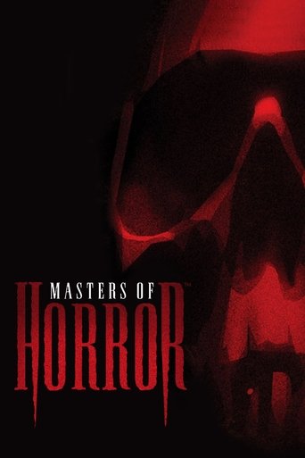The poster features a menacing skull in shadowy tones against a dark background, with red accents that evoke a sinister and ominous mood. The title "Masters of Horror" is prominently displayed in bold, dripping red letters, emphasizing the show's thrilling and terrifying nature.
