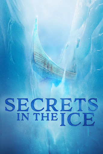 The poster features a serene, icy blue background with a small boat floating peacefully among frozen water. The title "Secrets in the Ice" is prominently displayed in bold, elegant lettering. The overall mood is calm and mysterious, evoking a sense of adventure and discovery.