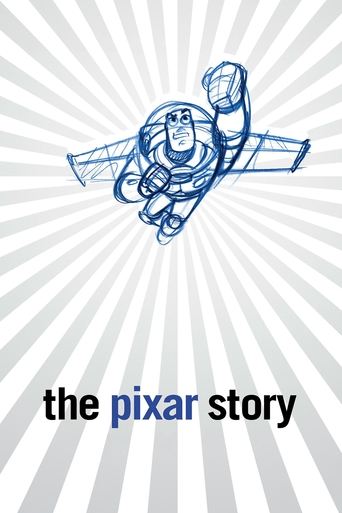 The poster features a whimsical illustration of Buzz Lightyear soaring through space against a radiant sunburst background. The blue character exudes adventure and optimism, while the text "The Pixar Story" anchors the composition. This design captures the playful and imaginative spirit of the fr...