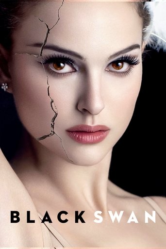 The poster features a striking close-up of a woman with dramatic makeup, her face split by a jagged crack that symbolizes her transformation. Her intense gaze and bold, dark colors convey a sense of mystery and drama. The title "BLACK SWAN" is prominently displayed at the bottom, emphasizing the ...