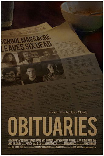 The poster features a somber newspaper scene with a group of people, evoking a sense of loss and grief. The muted colors and sepia tones enhance the melancholic mood, while the title "Obituaries" stands out in bold, creating a stark contrast against the darker background.