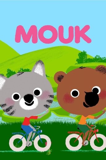 The poster features two cartoon animals, a gray cat and a brown bear, riding bicycles on a sunny day. The bright green hills and clear blue sky create a cheerful and playful mood. The word "MOUK" is prominently displayed in bold pink letters at the top, suggesting a fun and engaging theme for the...