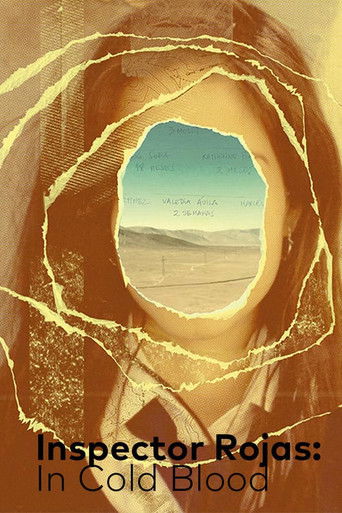 The poster features a woman with a haunting expression, her face framed by a shattered glass window that reveals a desolate landscape. The warm, sepia-toned background contrasts with the cool blue sky, creating a somber mood. The title "Inspector Rojas: In Cold Blood" is prominently displayed in ...