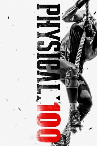 The poster features a muscular figure in black and white, gripping a rope with intensity. Bold red text "100" dominates the lower section, symbolizing the challenge of physical training. The stark contrast between monochrome and vibrant red evokes a gritty, motivational atmosphere, emphasizing th...