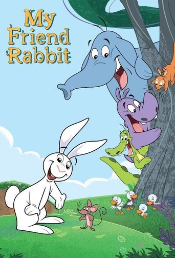 This cheerful TV poster features a white rabbit and a purple rabbit in a whimsical forest setting. The blue elephant and green monkey add playful charm to the scene, creating a lively and inviting atmosphere.