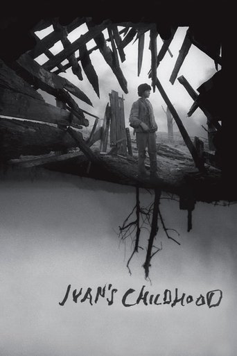 The poster features a haunting black-and-white image of two figures standing on a dilapidated wooden pier, their skeletal, tree-like roots extending downward. The dark, eerie atmosphere and stark monochrome palette evoke a sense of melancholy and isolation. The title, "Ivan's Childhood," is writt...