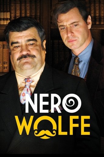 This TV show poster features two men in suits against a backdrop of bookshelves, evoking the classic noir aesthetic. The bold, stylized title "Nero Wolfe" in yellow and black dominates the foreground, while the men's serious expressions and formal attire suggest a gritty, suspenseful drama.