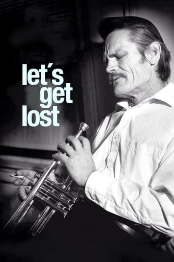 A black-and-white portrait of a man playing a trumpet, with the title "Let's Get Lost" prominently displayed. The mood is mysterious and slightly melancholic, capturing the essence of a classic film noir.