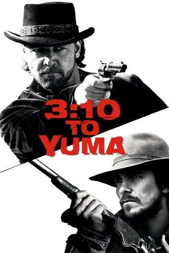 The poster features two men in cowboy hats, one holding a pistol and the other a rifle, set against a stark black background. The title "3:10 to YUMA" is prominently displayed in bold red letters, evoking a sense of urgency and danger. The overall mood is intense and action-packed, capturing the ...