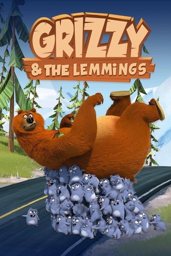 The poster features a cheerful orange lemming leaping over a pile of blue mice, set against a backdrop of pine trees and a clear blue sky. The vibrant colors and playful characters convey a lighthearted and fun atmosphere, suggesting a friendly and engaging story for children.