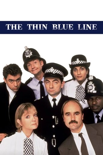 The poster features a group of police officers in black uniforms and hats, with a woman in a white shirt and tie in the foreground. The dark blue background and the title "THE THIN BLUE LINE" in bold white letters convey a serious and authoritative mood.