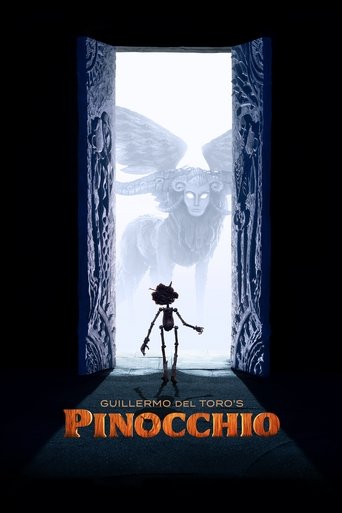 A silhouette of Pinocchio stands before a window where a ghostly figure of his childhood self emerges. The dark room contrasts with the bright, ethereal light, creating a mysterious and dreamlike atmosphere. The title "Guillermo del Toro's Pinocchio" glows in warm orange hues at the bottom, ancho...