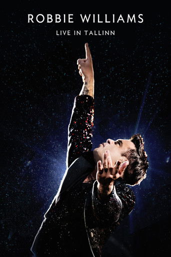 The poster features Robbie Williams performing energetically, with his arm raised high against a starry night sky. The dark, moody background with bright spotlights creates a dramatic and intense atmosphere.
