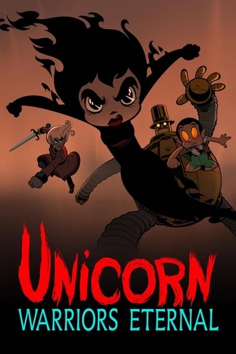 The poster features a dynamic scene with a young girl in black riding a white unicorn, surrounded by other characters including a knight and a bear. The dark background contrasts with the vibrant red and teal text, creating a mysterious and adventurous mood.
