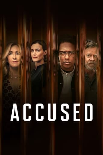 The poster features four characters standing in front of a dark, vertical wooden backdrop, creating a mysterious and dramatic atmosphere. The title "ACCUSED" is prominently displayed in bold white letters at the bottom, emphasizing the central theme of the show.