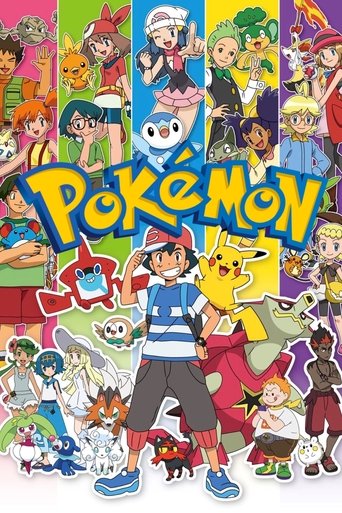 This vibrant Pokémon poster features a dynamic collage of beloved characters, each with their iconic Pokémon, set against a colorful, energetic background. The lively scene exudes excitement and nostalgia, capturing the essence of the beloved anime and manga series.