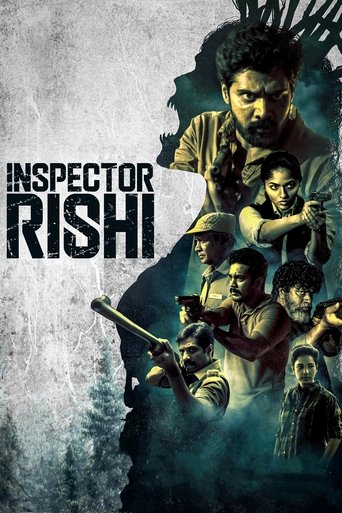 The poster features a gritty, dark scene with a central figure holding a gun, surrounded by other characters in tense poses. Dominant colors include muted browns, dark greens, and stark whites, creating a somber, suspenseful atmosphere. The title "INSPECTOR RISHI" is boldly displayed in distresse...