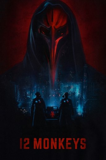 The poster features a menacing hooded figure looming over two silhouetted figures against a dark, ominous background. The scene is dominated by deep reds and blues, creating a tense and mysterious atmosphere. The title "12 Monkeys" is prominently displayed at the bottom in bold, red letters, emph...