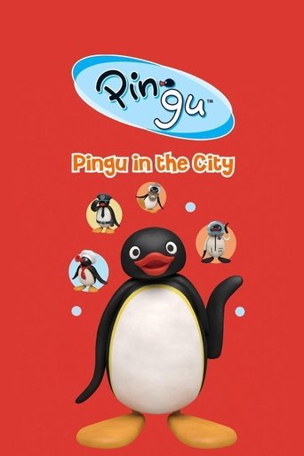 The vibrant red background features a cheerful Pingu character with a white belly and orange feet, surrounded by floating city buildings. The playful design conveys a fun, adventurous mood, inviting viewers to explore the whimsical world of Pingu in the city.