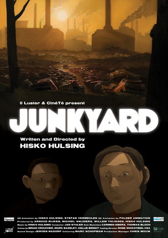 The poster features a somber, sepia-toned image of a dilapidated industrial site with smokestacks and scattered debris. Two characters, one with a concerned expression and another with a more serious demeanor, occupy the lower portion. The title "JUNKYARD" is prominently displayed in bold white l...