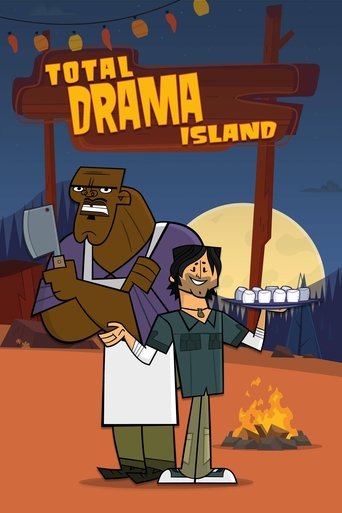 The poster features a cartoon-style illustration of two characters: a muscular man with a white apron and a young boy holding a tray of drinks. The background is dark with a large orange sun, and the title "Total Drama Island" is prominently displayed in bold, fiery letters. The scene conveys a p...