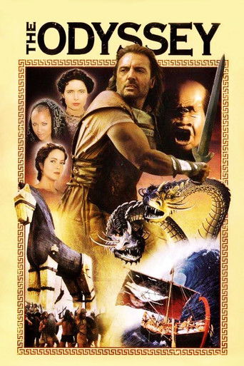 The Odyssey poster features a dramatic composition with a central figure in golden armor, surrounded by other characters in period costumes. The warm, golden hues evoke a sense of epic adventure and historical drama, while the dynamic poses and intense expressions convey the thrilling nature of t...