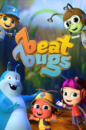 The poster features vibrant, animated characters in a colorful, whimsical setting. The title "Beat Bugs" is prominently displayed in playful, multicolored letters. The mood is cheerful and adventurous, suggesting a fun and lively show about teamwork and exploration.