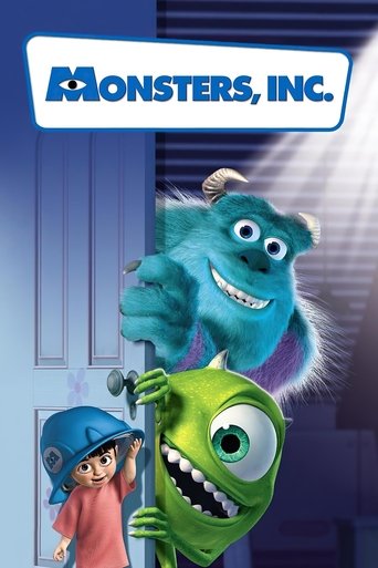 The poster features two animated characters—a blue monster and a green one—peeking out from behind a door, creating a playful and adventurous mood. The vibrant blue and green hues, along with the cheerful expressions, evoke a sense of fun and wonder.