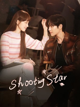 The poster features a tender moment between a young couple, with the woman gently touching the man's face while holding a small object. Warm tones of pink and brown dominate the scene, creating an intimate atmosphere. The title "Shooting Stars" is elegantly written in white script against the bac...