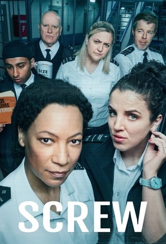 The poster features a group of diverse characters in professional attire, suggesting a workplace drama. The muted tones and serious expressions convey a tense, dramatic atmosphere. The bold "SCREW" text anchors the image, hinting at the show's gritty, action-packed nature.