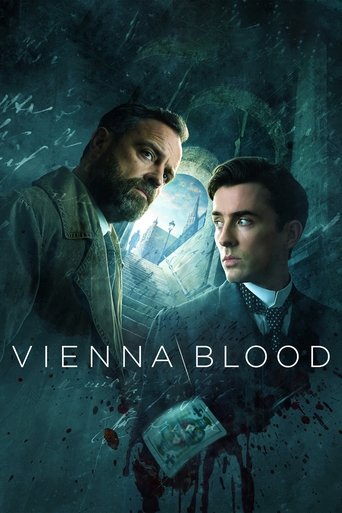 The poster features two men in a tense, moody atmosphere with a dark, stormy background. The title "Vienna Blood" is prominently displayed in bold, white letters. The overall mood is suspenseful and dramatic, suggesting a thriller or crime drama.