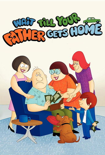 The poster features a warm, family-oriented scene with colorful characters including a woman in purple, a man in blue, a woman in orange, and a boy in red. A dog sits at the bottom, adding a playful touch. The overall mood is cheerful and inviting, suggesting a family-friendly TV show.