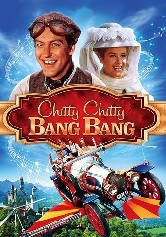 This movie poster features two characters, a man in a pilot's hat and a woman in a white bonnet, set against a vibrant blue sky. The title "Chitty Chitty Bang Bang" is prominently displayed in an ornate red banner. The scene below shows a whimsical, colorful airplane with a red and yellow tail, s...