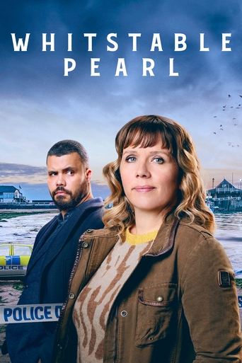 The poster features a man and woman standing on a pier, with the title "Whitstable Pearl" prominently displayed in bold white letters against a cloudy sky. The woman wears a brown jacket over a striped shirt, while the man is dressed in a dark coat. The overall mood is somber and reflective, sugg...