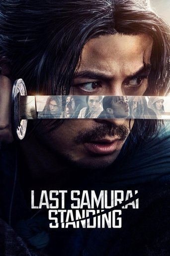 The poster features a determined samurai with dark hair and intense eyes, set against a dark, moody background. The title "Last Samurai Standing" is prominently displayed in bold white letters, emphasizing the film's gritty and dramatic tone.