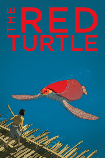 The Red Turtle poster features a small figure standing on a wooden dock against a deep blue background. A large red turtle with a yellow eye swims above, symbolizing hope and transformation. The vibrant colors and serene underwater scene evoke a sense of wonder and optimism.