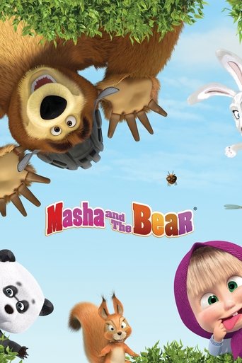 This vibrant poster features Masha and the Bear, a lively animated duo with expressive characters. The scene captures a cheerful, sunny day with colorful elements like the red title, green foliage, and playful animals. The mood is joyful and inviting, perfectly suited for a children's show.