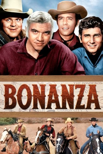 The poster features four men in cowboy hats and western attire, exuding a rugged, adventurous mood. The warm red and blue tones evoke the classic 1930s setting. The title "Bonanza" is prominently displayed in bold, rustic lettering, emphasizing the show's legendary status.