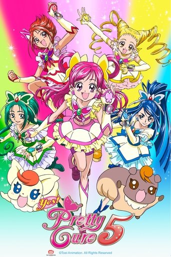 This vibrant poster features six colorful PreCure characters in dynamic poses against a bright, colorful background. The characters exude energy and joy, with their unique designs and expressive faces. The overall mood is cheerful and lively, capturing the essence of the beloved anime series.