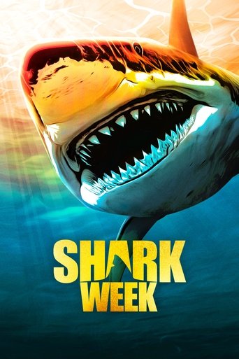 The poster features a menacing shark with sharp teeth and glowing eyes, set against a vibrant underwater backdrop. The bold yellow text "SHARK WEEK" dominates the lower portion, evoking a thrilling and suspenseful mood.