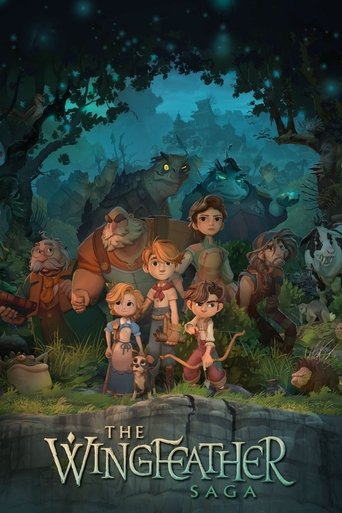 The poster features a group of children and adults in a mystical forest setting, with warm earthy tones and soft blues creating a magical atmosphere. The title "The Wingfeather Saga" is elegantly displayed at the bottom, emphasizing the fantasy theme.