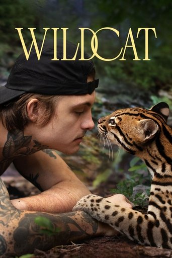 A man with tattoos and a black headband gazes intently at a spotted jaguar, creating a powerful and intimate connection between human and animal. The rich greens and earthy tones of the jungle setting enhance the natural beauty of the scene.