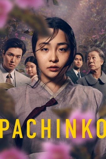 The poster features a young woman in traditional attire, surrounded by a group of men in formal attire, suggesting a drama or comedy. The colors are warm, with pink and purple hues creating a romantic atmosphere. The title "PACHINKO" is prominently displayed in bold yellow letters at the bottom.