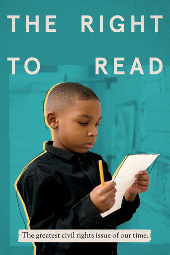 The poster features a young boy in a black shirt holding a piece of paper, symbolizing the right to read. The teal background evokes a sense of calm and hope, while the bold white text emphasizes the message.